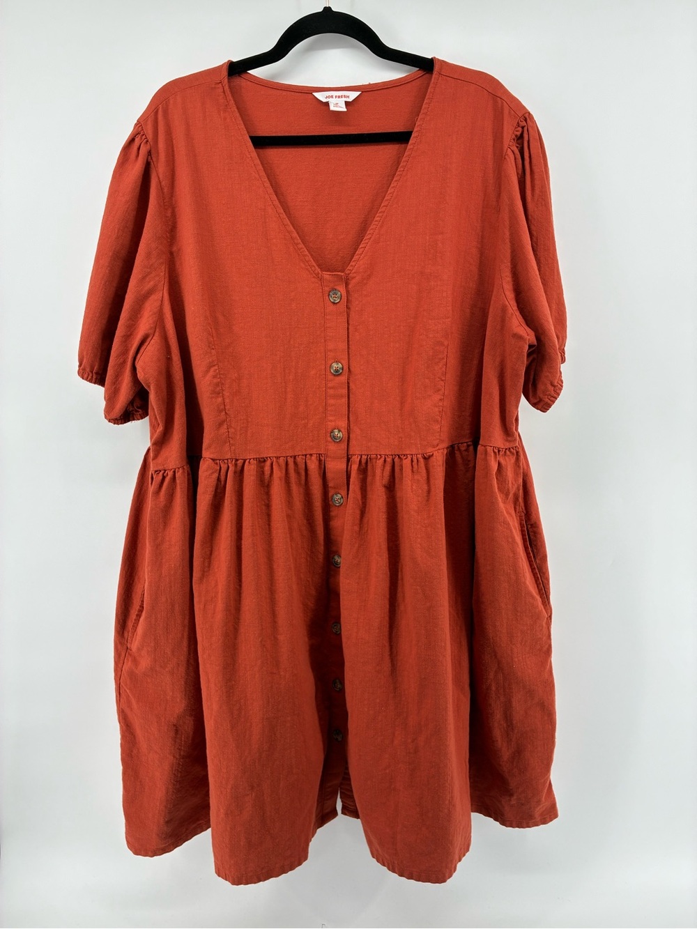 Rust Button-Front V-Neck Babydoll Dress